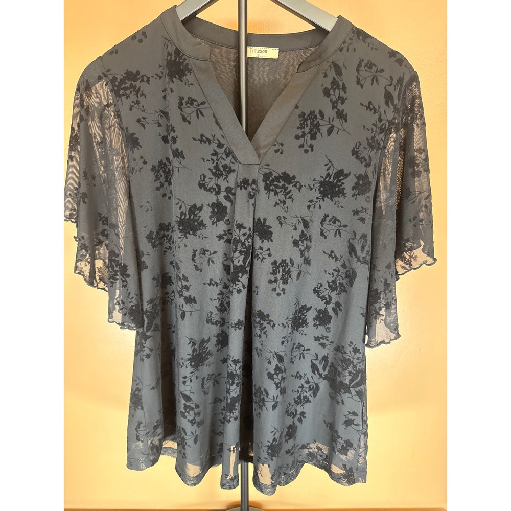 Timeson Womens Floral Lace V-Neck Flutter Sleeve Blouse Charcoal Grey Medium